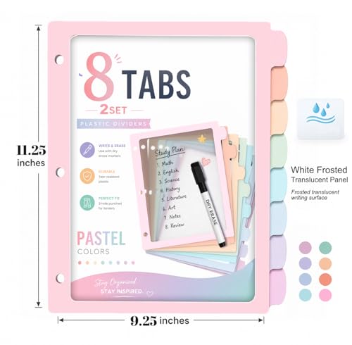 Pastel Binder Dividers, 2 Sets of 8 Tabs, Cute Pink, 3 Ring Binder | 2 sets of 8-tab pastel plastic binder dividers with large write-and-erase tabs, frosted centers, and 3-ring compatibility.