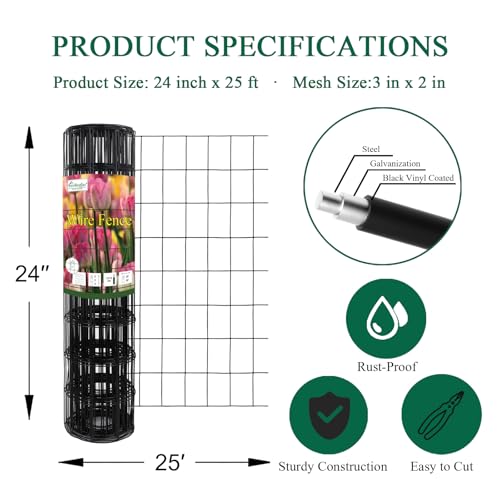 Black PVC Coated Welded Wire Fence 24" x 25' Roll, 2"x3" Mesh, 16 Gauge | Vinyl Coated Garden Fencing, Yard & Pet Barrier, Chicken Wire Fencing, Dog Enclosure Mesh, Vegetable Plant Protector - color: Black, size: 2''x3'' 16GA 24''x25'