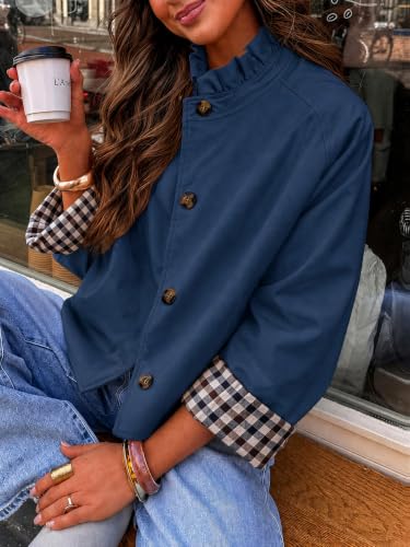 Cicy Bell Womens Ruffle Short Trench Coat Single Breasted Cropped Jackets | Stand Collar, Fall Jackets, Outerwear Coats, Button Down, Plaid Cuffs - color: Navy, size: XX-Large