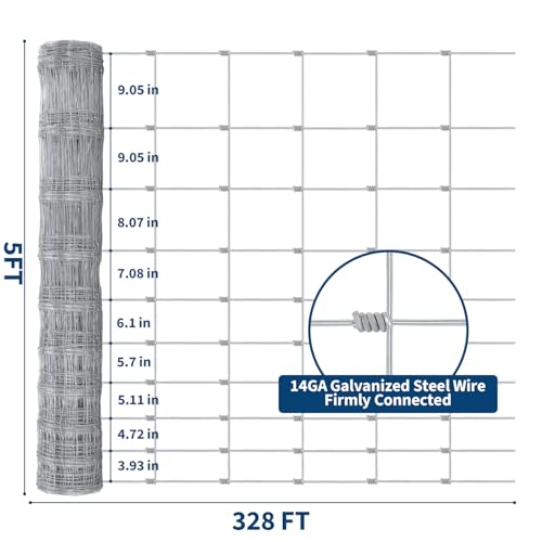 Garvee Cattle Fence 5 ft x 328 ft, Heavy Duty Galvanized Wire Fencing | Wire Fencing for Deer, Goat, Hog, Sheep, Heavy Zinc Coating Farm Wire Fence for Livestock & Yard Protection