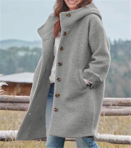 chouyatou Women's Winter Single Breasted Long Wool Coat with Hood Casual Wool Blend Trench Coat Jacket - color: Gray, size: X-Large