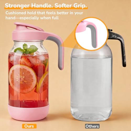 64 oz (2 Qt) Glass Mason Jar Pitcher with Pour Spout Lid & Handle | Airtight Leak-Resistant Flip-Top, Wide Mouth for Ice & Fruit, Non-Slip Silicone Base, Measuring Marks, Fridge Water/Iced Tea - color: Pink, size: 64 Ounces