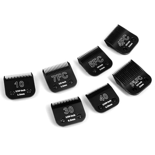 7-Pack Removable Dog Grooming Steel Blades, Compatible with Andis, Oster A5, Wahl KM-10 Series, Cutting Length 1/100" to 1/2" (10+30+40+7FC+5FC+4FC+3-3/4FC-Black) - size: 7 Pack-0.25 to 13mm