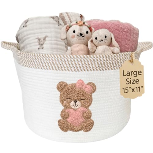 Pink Teddy Bear Baby Storage Basket, Cotton Rope Nursery Bin, 15x11 in | Stuffed Animal and Blanket Storage, Embroidered Bear Patch, Baby Girl Room Decor, Gift, Kids Playroom Organizer - color: Girl Teddy