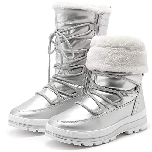 HEAWISH Women’s Winter Snow Boot Fur Lined Mid Calf Warm Boots - color: Silver, size: 6
