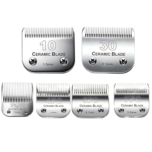 6Pack 10Blades Dog Grooming Blades Compatible with Andis Clipper | Dog Clipper Blades for Oster A5/Wahl KM Series ,Ceramic Blade & Stainless Steel Blade Size:#10+30+5FC+7FC+3FC+4F) - color: #10+30+5fc+7fc+3fc+4f