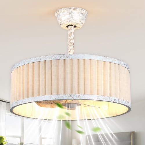 20'' White Boho Ceiling Fan with Lights Remote Caged Fandelier | Small Enclosed Fandalier, Modern Chandelier for Bedroom Nursery Living Room, Reversible 6 Speeds, E26 Bulbs (Not Included) - color: White Cage