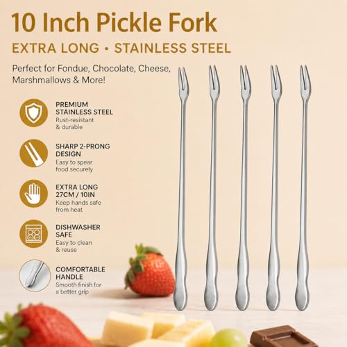 10 Inch Pickle Fork Set of 5, Stainless Steel Long Handle Pickle Grabber for Jars, Olive Forks, Cocktail Forks, 2-Prong Fruit Dessert Appetizer Forks