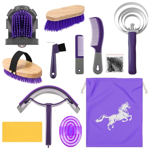 Abbylike 12 Pieces Horse Grooming Kit Racing Festival Tack Room Supplies Horse Brush Sets Equine Care Cleaning Kit Shedding Grooming Massaging Tools(Gray and Purple) - color: Gray and Purple