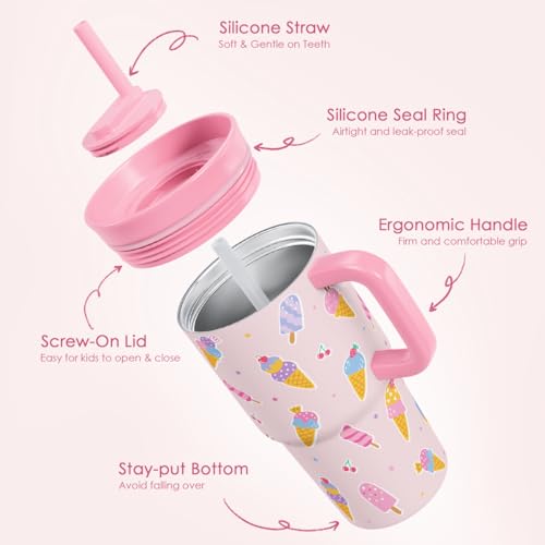 SANDJEST Ice Cream Stainless Steel Tumbler 20oz with Handle and Silicone Straw Locking Lid for Kids Girls, Birthday Christmas Back to School - color: Ice Cream