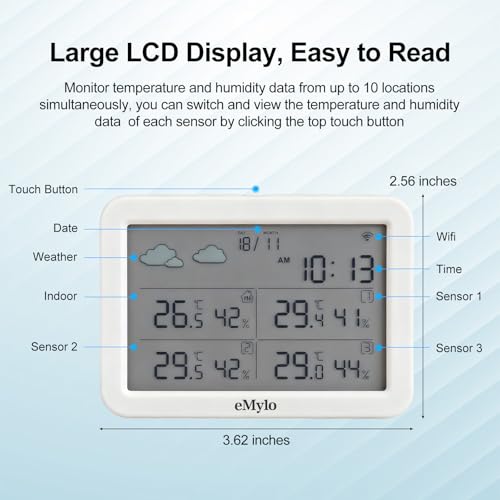 eMylo WiFi Indoor Outdoor Thermometer Hygrometer with 3 Remote Sensors | Temperature Humidity Monitor with Large LCD Display, App Alerts, 426 ft Range for Home, Greenhouse, Baby Room & Wine Cellar
