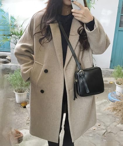 Women's Winter Double Breasted Coats Casual Loose Notch Lapel Wool Blend Pea Coat Warm Long Overcoat - color: Grey Beige, size: XX-Large