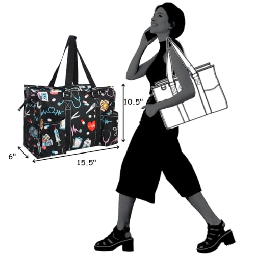 NGIL Utility Water Resistant Tote Bag | Work Tote for Women, Nurse Bag, Teacher's Choice Purse, Gym Bag, Everyday Organizer Top Zipper Closure - color: Nurse Print-black