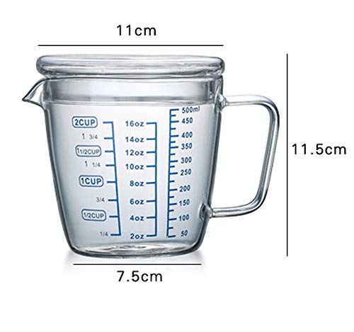 Glass Measuring Cup with Lid Handle, Borosilicate V-Shaped Spout Microwave Safe Kitchen Mixing Accessories 3 Measurement Scales Cup, ML, OZ Easy Measure Liquid Powder Milk Cups for Cooking Baking - color: 500 ml