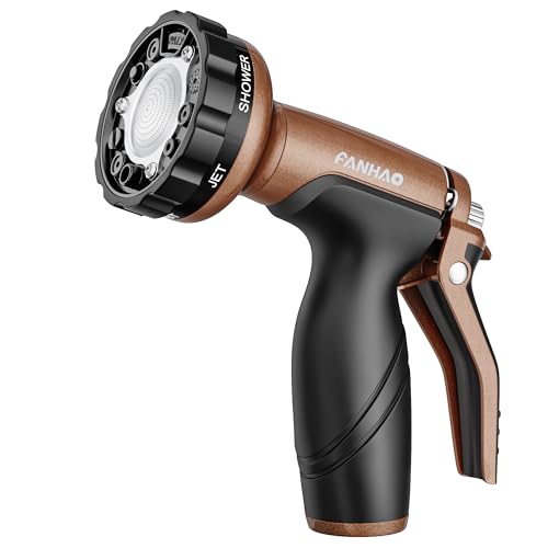 FANHAO 7 Spray Patterns Metal Garden Hose Nozzle with Lockable Trigger | Rustproof Hose Sprayer Nozzle Heavy Duty, Non-Slip Ergonomic Grip, High Pressure Nozzle for Watering Plant, Car & Pet Washing