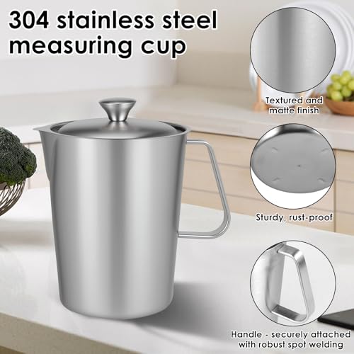 1 Pcs 2L/70 oz Large Stainless Steel Pitcher with Lid, Metal Measuring Cup with Handle & Scales, Wide Mouth Graduated Beakers, Milk Frothing Jug Metal Pitcher for Coffee Latte Art, Hot/Cold Water