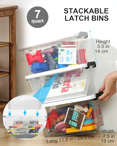 NUMIFUN 7Qt Clear Plastic Storage Bins with Lids,Transparent Design,6 Pack | Stackable organizing totes with buckle latches & handles.Dust-proof clear design for home,office & pantry space saving - color: Clear