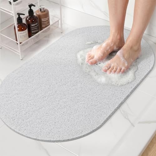 HITSLAM Oval Loofah Shower Mat Non Slip, 27x16 Inch, White | Bath Mat for Textured Tub & Inside Shower Stall, No Suction Cups Quick Drying PVC Porous Floor Mat, Soft Foot Exfoliating - color: White
