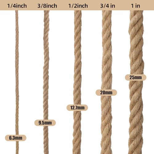 Natural Jute Rope, Heavy Duty Thick Rope, 1/2 in x 100 ft | For indoor and outdoor crafts, nautical rope decor, railings, hammocks, swings, gardening and tug of war - size: 1/2 in x 100 ft