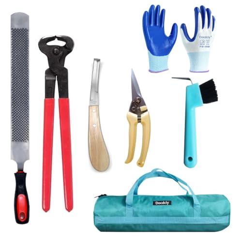 14 Inch Horse Farrier Tool Kits,7 Piece Professional Hoof Trimming Kit with Hoof Nippers, Rasp, Shear Cutter, Hoof Knife, Pick, Gloves, Storage Bag, for Horse Goat Pig Hoof Care - size: 14 Inch