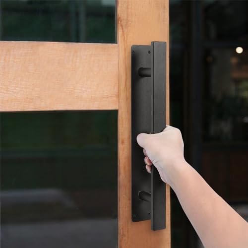 12 Inch Black Gate Pull Handles Pack of 2, Modern Barn Door Handles | Heavy Duty Metal, Indoor & Outdoor, Farm House, Fence, Sheds Cabinet Closet Door Pulls, 2 Size Screws, Easy to Install - style: Flat
