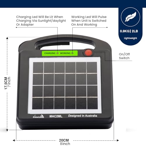 My Animal Command Solar Power Electric Fence Energizer Charger 0.2 Joules | Lithium Ion Battery, Containment, Protection, Livestock, Pet, Horses, Cattle, Sheep, Earthing rod included - size: Mini MAC2ML 0.2 Joules