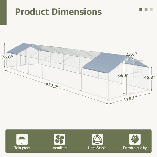 Large Metal Chicken Coop,19.7x9.8x6.4 FT Chicken Run for Yard with Waterproof & Anti-UV Cover,Walk in Chicken Pen with Feeding Door (39.4 * 9.8 * 6.4 ft) - size: 472.2"L x 118.1"W x 76.8"H