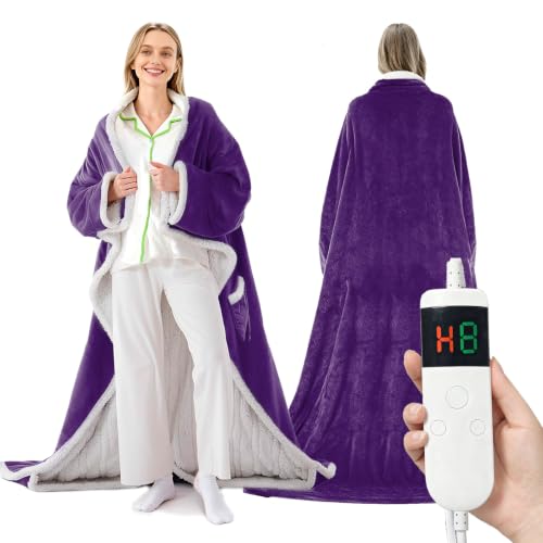 Wearable Heated Blanket With Sleeves & Foot Pocket, Heated Throw Blankets Fast Heating Blanket With 10 Heat Settings Auto Shut Off Over-Heat Protection-Warm Gift, Machine Washable, 52”*72”+18” - color: Purple