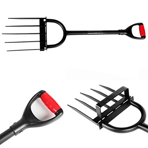5-Tine Heavy Duty Pitch Fork for Gardening - Long Handled Digging Fork Garden Claw Weeder