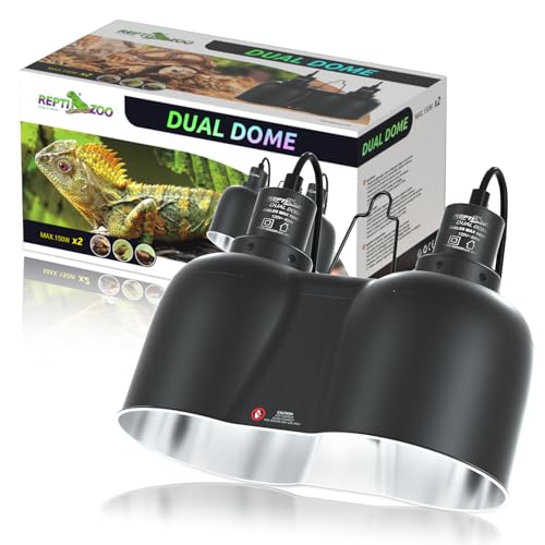 REPTI ZOO Dual Reptile Light Fixture, Max 150W Dual Dome Heat Lamp Fixture with Independent Switches Reptile Tank Accessories UVB Light Fixture (Bulb Not Included)