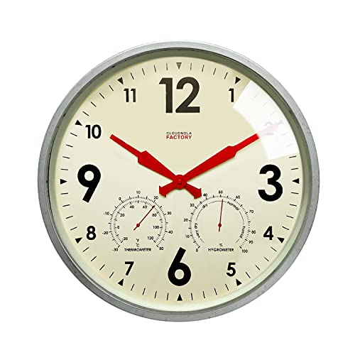 Cloudnola Indoor Outdoor Waterproof Metal Wall Clock with Thermometer and Hygrometer, Zinc Gray, 12 inch Silent Non-Ticking Battery Operated Quality Quartz Round Clock for Patio and Home Decor