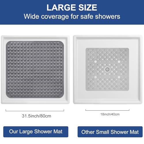 Square Shower Mat Non Slip: 32" x 32" Large Shower Mats for Inside Shower - Soft TPE Cuttable Anti Slip Shower Floor Mat with Drain Holes and Suction Cups - color: Dark Gray