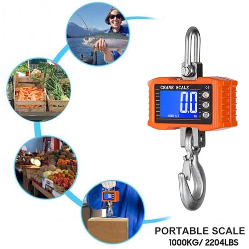 Digital Crane Scale, Heavy Duty Hanging Scale | 2200lb/1000Kg, Backlight LCD Screen, Unit Change/Data Hold/Tare/Zero for Market/Farm/Construction/Factory/Hunting/Sea Fishing