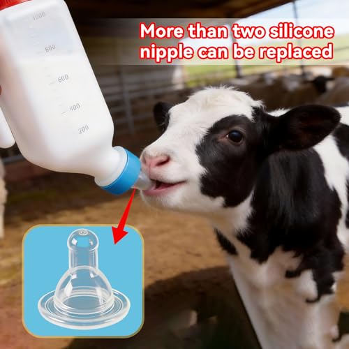 2pcs 1000ml Lamb Feeding Bottle Thickened Goat Milk Feeders with Hanging Handle and Silicone Pacifier Hang Upside Down Livestock Milk Bottles for Goat Lamb Fawns Nigerian Kitten Puppy