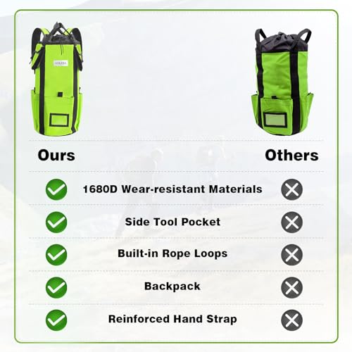AOLEBA Arborist Rope Storage Bag Tree Climbing Rock Rope Bucket Backpack Rope Storage Bag Large Capacity 1680D Thicken Nylon Material with Hand Straps, Side Pockets - color: Neon Green