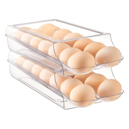 Vtopmart 2 Pack Egg Holder for Fridge, Automatic Rolling Egg Container | Stackable Clear 14-Count Eggs Organizer with Removable Inner Tray, Egg Storage for Refrigerator, Space Saving