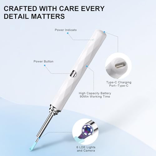 High-Definition Ear Wax Removal, Wireless Ear Cleaner, Safe and Gentle Ear Wax Removal Kit, Rechargeable Ear Cleaner with Camera and Light, Ear Cleaning Kit for Android and iOS (White) - color: White