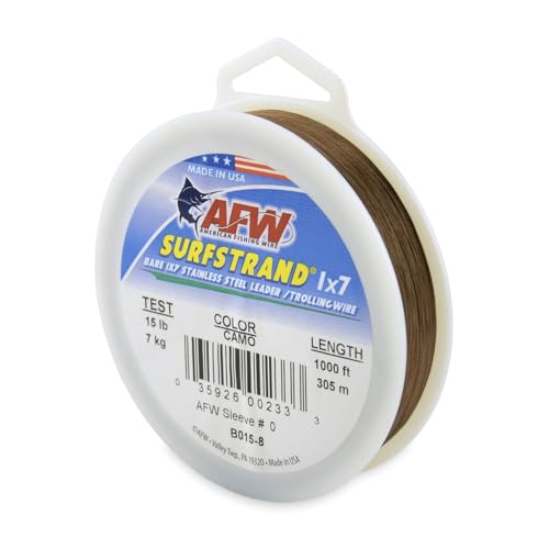 American Fishing Wire Surfstrand Bare 1x7 Stainless Steel Leader Wire - Fishing Leader Line for Saltwater, 20lb Test - 325lb Test in Bright, Camo in 30ft, 300ft, 600ft and 1,000ft Lengths - color: Camo, size: 15 lb / 1000 ft