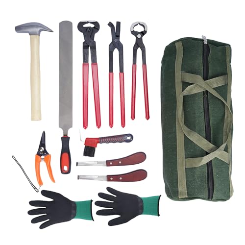 lukar 12PCS Horse Farrier Tools Kit Hoof Trimming Tools with Handbag | Horse Hoof Nipper, Hoof Cutting Pliers, Hoof Nail Clincher, Trimmers Shear, Hoof Hammer, Hoof Knife, Rasp File, Brush, Gloves