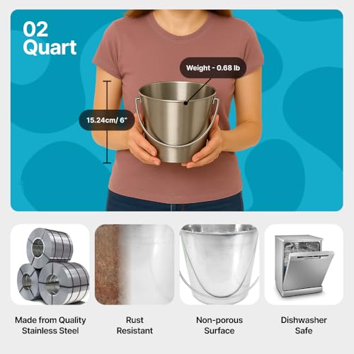 Half Gallon Stainless Steel Bucket - Durable Metal Bucket 2 Quart | Rust-resistant Bucket For Food Prep Cleaning Feeding & Watering Pets & Livestock - For Crates Kennel Cages & Fences - size: 2 Quarts