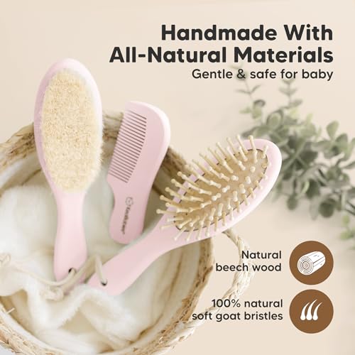 Wooden Baby Hair Brush Set for Newborns, Toddler Comb (Blush, Regular) | Soft Goat Bristle, Baby Brush and Comb Set, Infant Grooming Kit, Cradle Cap Care, Durable & Gentle, Boy, Girl Bath Essential - color: Blush, size: Oval, Regular 7"