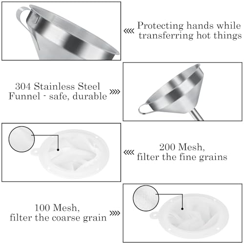 WMKGG 304 Stainless Steel Funnel,Funnels for Kitchen Use Filling Bottles | 5 Inch,with 200 Mesh and 100 Mesh Fine Mesh Strainer, for Oils, Juice, Wine, Coffee, Milk, Tea, Powder - size: Funnels+Strainer