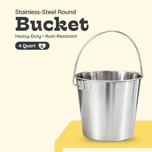 4 quart Heavy Duty Stainless Steel Round Bucket with Handle | 1 gal Durable Food & Water Bowl for Birds Dogs Cats Goat & Livestock | Fits kennel Crate Cage Farm | Hanging Utility Pet Pail - size: 4 Quarts