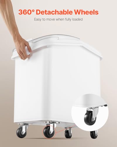 VEVOR 27 Gallon Food Storage Container, 500 Cup Commercial Ingredient Bin | Ideal for Kitchen Rice, Dog Food, Flour, and Sugar Storages, Food-Grade PP, with Wheels, Scoop and Transparent Lid, White - size: 27 Gallon
