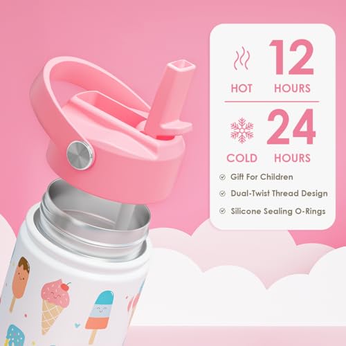 SANDJEST Ice Cream Kids Water Bottle With Straw Lid 12oz Insulated Stainless Steel, Travel Tumbler, Gifts For Girls, Birthday, Christmas, Back To School - color: Ice Cream 1