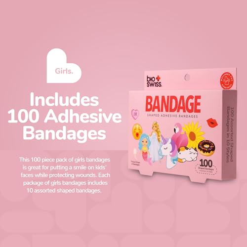 BioSwiss Bandages, Assorted Animal, Fun and Food Shaped Self Adhesive Bandage, Latex Free, Sterile Wound Care, 100 Count - size: 100-Count Box, style: Girls Assorted