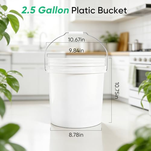 2.5 Gallon Bucket for Cleaning, Small Extra Thick Plastic Bucket with Metal Handle, Food Grade, BPA Free (White, 3 Pack, No Lid)