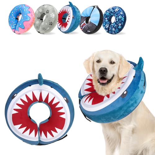 SCENEREAL Dog Cone Alternative After Surgery for Small Medium Large Dogs | Inflatable Cone Collar for Dogs Cats, Adjustable Soft Recovery Donut Collar to Prevent Licking, Shark Print E-Collars - color: Blue Shark, size: L(Neck 16"-18")