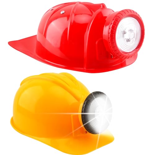 2 Pack Kids Construction Hat Miner Costume Helmet with Light for Boys Girls Dress Up Halloween Party Supplies - color: Red,yellow