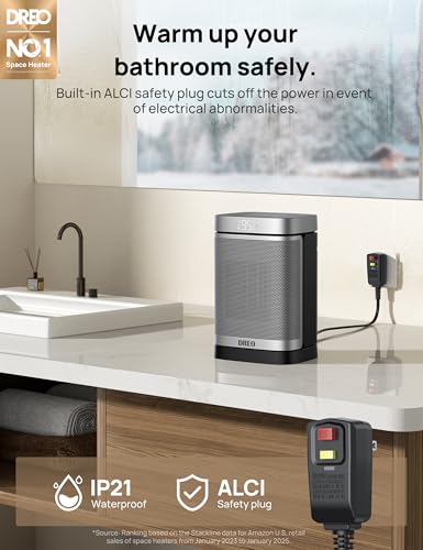 DREO Space Heater for Bathroom and Indoor, Safe and Quiet Portable Heater | ALCI Safety Plug, 41-95°F Digital Thermostat, Remote, 70°Oscillating, 12h Timer, 5 Modes, 1500W PTC Ceramic Heater